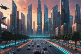 Futuristic city with AI robots and flying cars