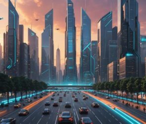 Futuristic city with AI robots and flying cars