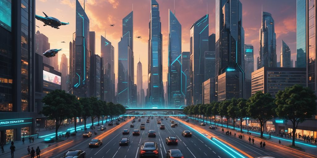 Futuristic city with AI robots and flying cars