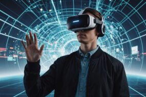 Person with VR headset and holographic interfaces