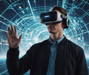 Person with VR headset and holographic interfaces