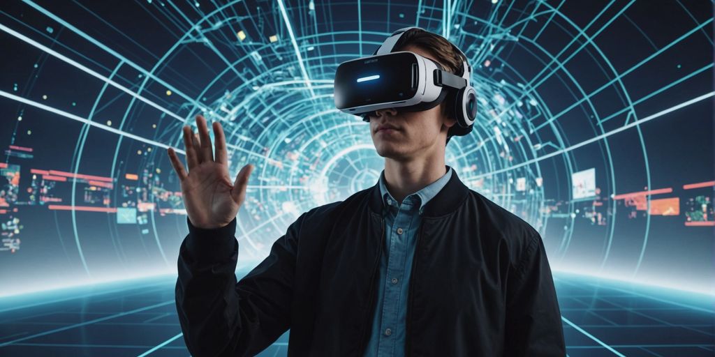 Person with VR headset and holographic interfaces