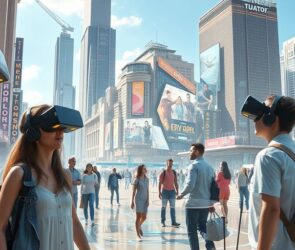 People using VR headsets in a futuristic cityscape.