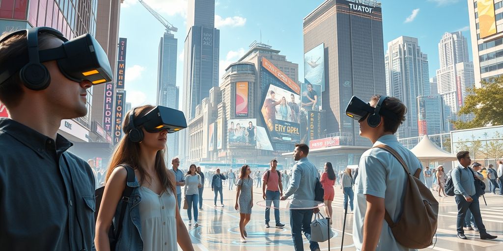 People using VR headsets in a futuristic cityscape.