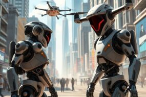 AI robots and drones in a futuristic city