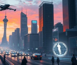 Futuristic city with AI robots and flying cars