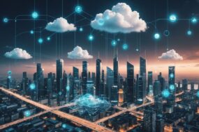 Futuristic city with cloud computing icons