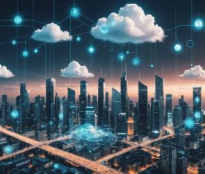 Futuristic city with cloud computing icons