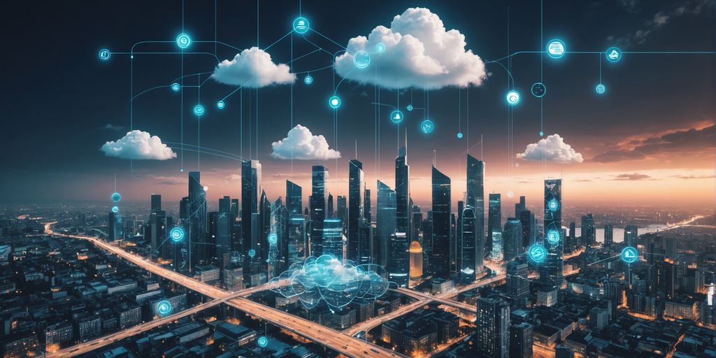 Futuristic city with cloud computing icons