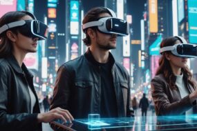 People using VR in a futuristic cityscape