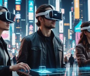 People using VR in a futuristic cityscape