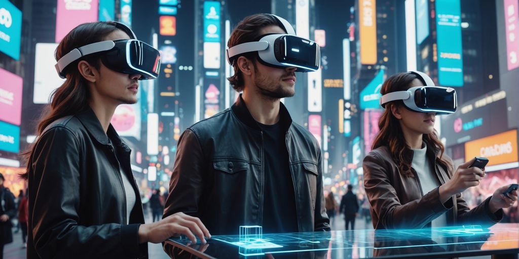 People using VR in a futuristic cityscape