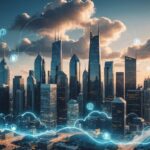 Futuristic city with cloud computing icons