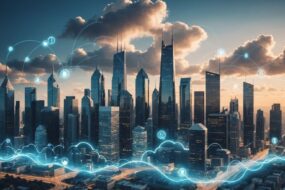 Futuristic city with cloud computing icons