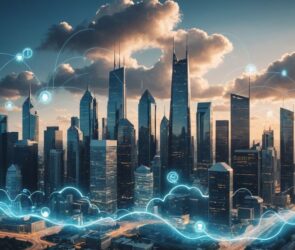 Futuristic city with cloud computing icons