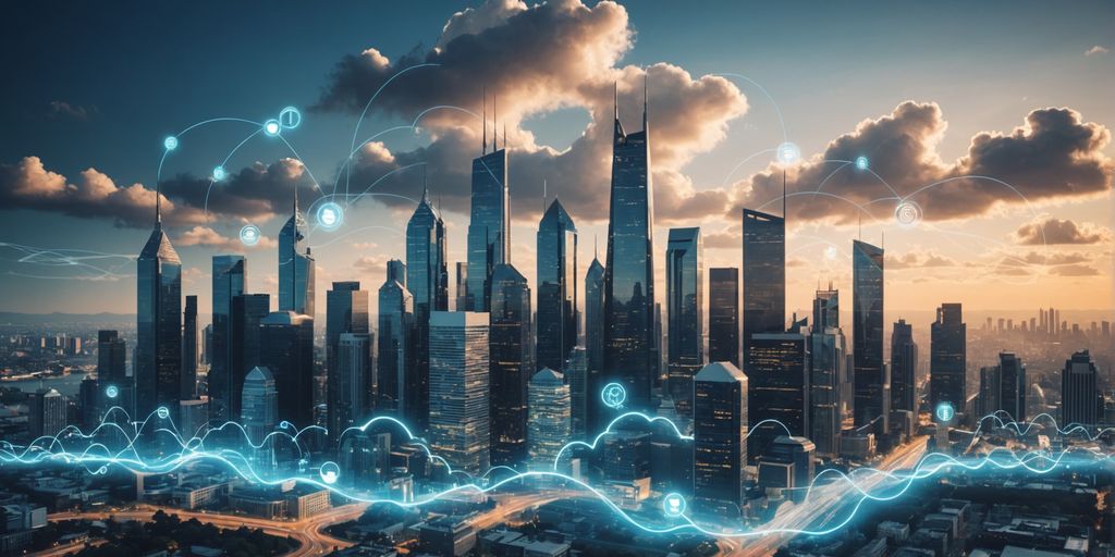 Futuristic city with cloud computing icons