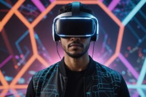 Person with VR headset and holographic interfaces