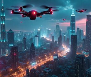 Futuristic city skyline with drones and neon lights.