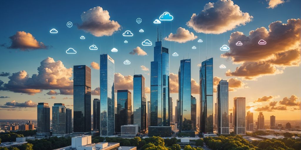 Skyline with cloud icons representing AWS, Azure, Google Cloud.