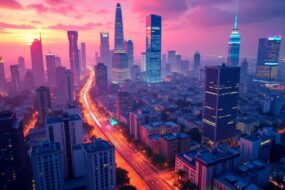 Cityscape at dusk with illuminated skyscrapers