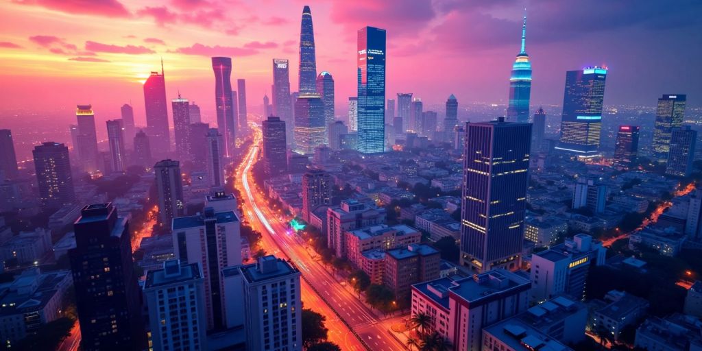 Cityscape at dusk with illuminated skyscrapers