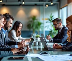 Professionals collaborating in a modern office with technology.