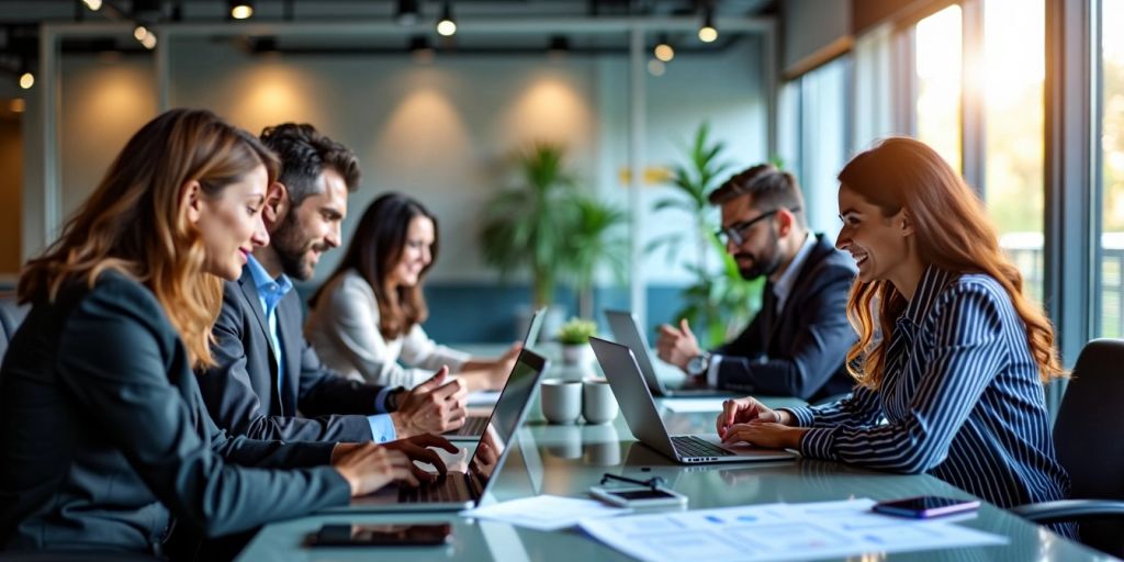 Professionals collaborating in a modern office with technology.