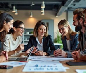 Diverse professionals collaborating in a modern office environment.