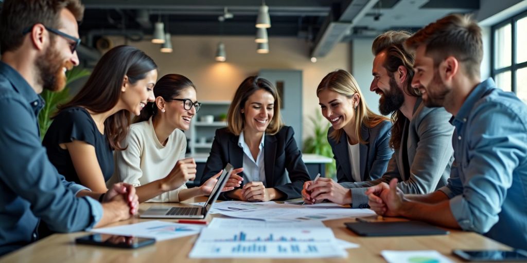 Diverse professionals collaborating in a modern office environment.