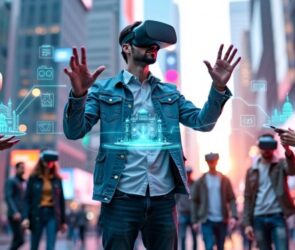 People in VR headsets in a futuristic cityscape.