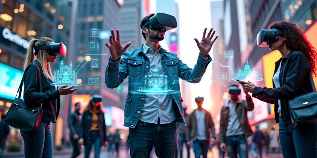 People in VR headsets in a futuristic cityscape.