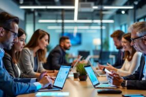 Professionals collaborating in a modern office setting.