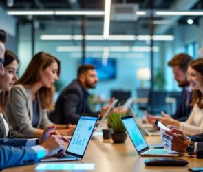 Professionals collaborating in a modern office setting.