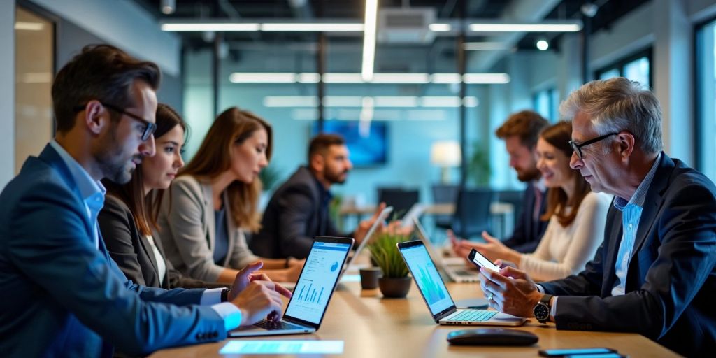 Professionals collaborating in a modern office setting.