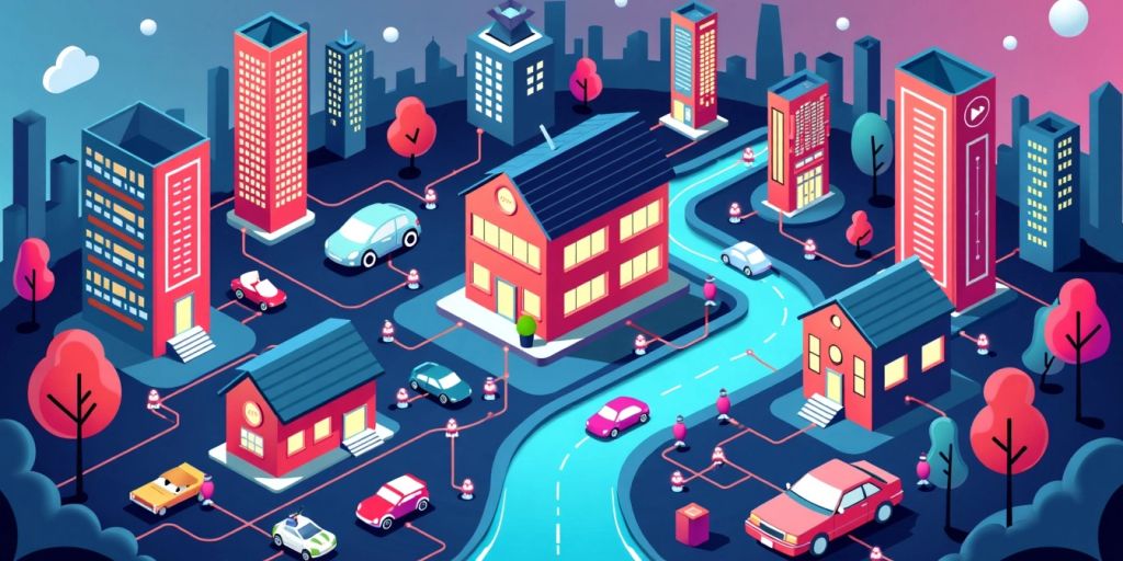 Cityscape depicting interconnected devices and smart technology.