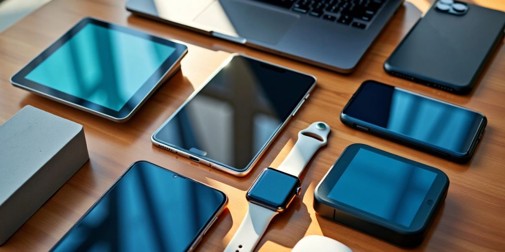 Collage of smartphones, laptops, and smartwatches on wood.