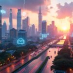 Futuristic cityscape with smart devices and AI systems