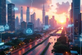 Futuristic cityscape with smart devices and AI systems