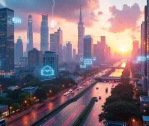 Futuristic cityscape with smart devices and AI systems