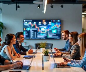 Diverse professionals collaborating in a modern office environment.