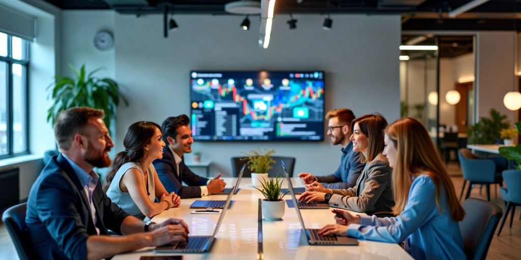 Diverse professionals collaborating in a modern office environment.