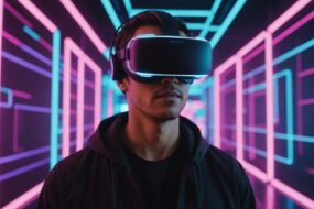 Person with VR headset in futuristic setting