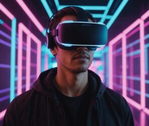 Person with VR headset in futuristic setting