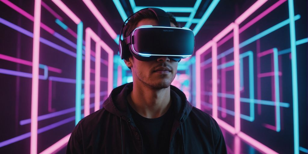 Person with VR headset in futuristic setting