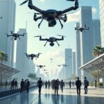 AI robots and drones in a futuristic city