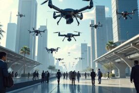 AI robots and drones in a futuristic city