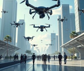 AI robots and drones in a futuristic city