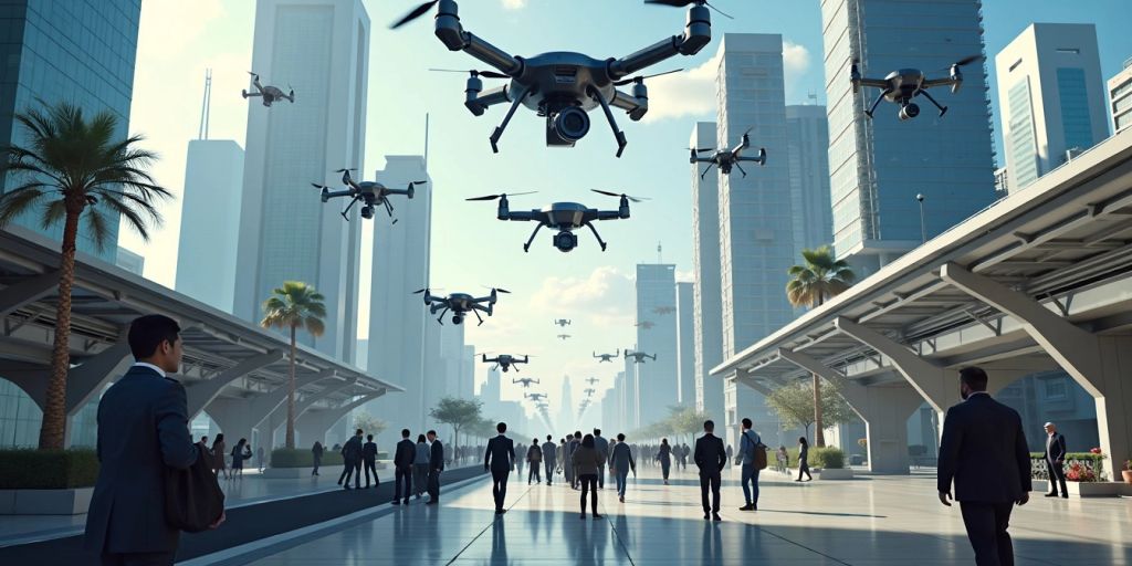 AI robots and drones in a futuristic city