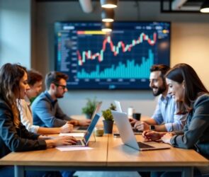 People working in a modern office with data charts.