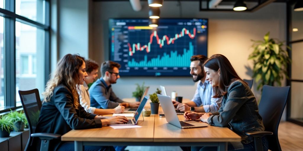 People working in a modern office with data charts.